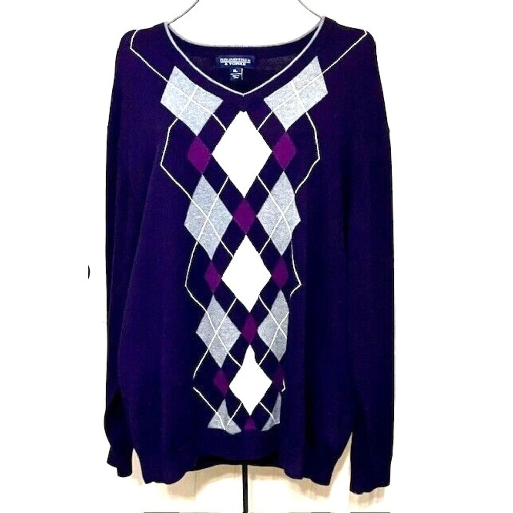 Roundtree & Yorke Purple / Gray Argyle V-Neck 100% Cotton Men's Sweater XLarge